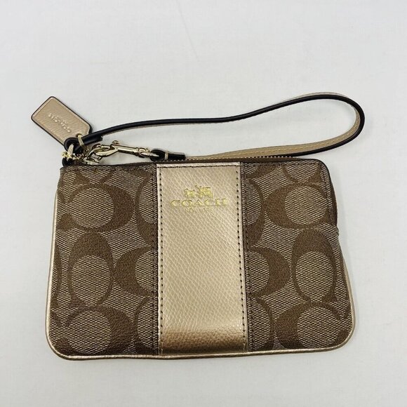 Coach F64233 Corner Zip Wristlet In Signature Canvas With Stripe in Brown $88 - Picture 1 of 7